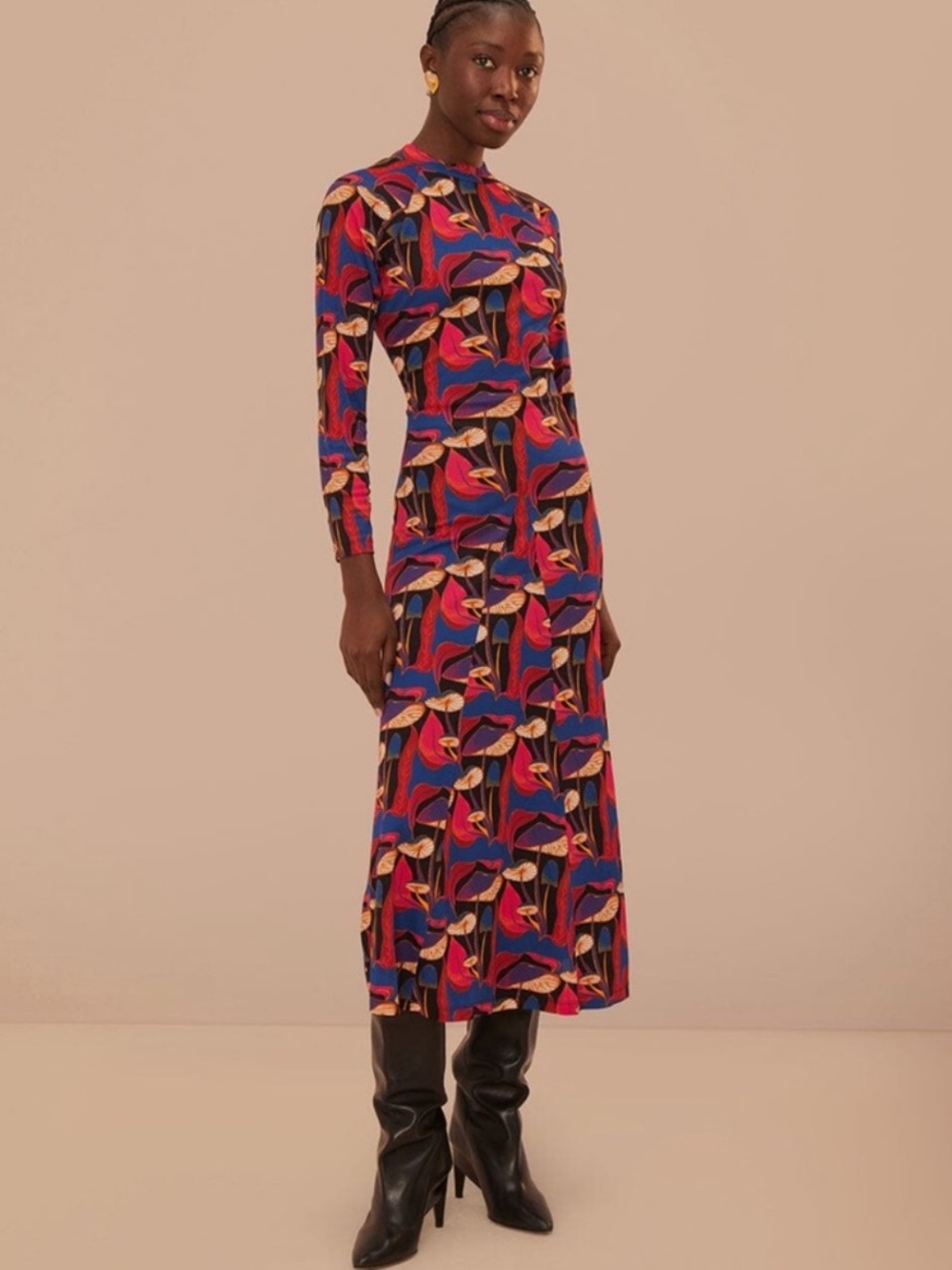 FARM Rio Long-Sleeve Midi Dress in a Mushroom Print #483